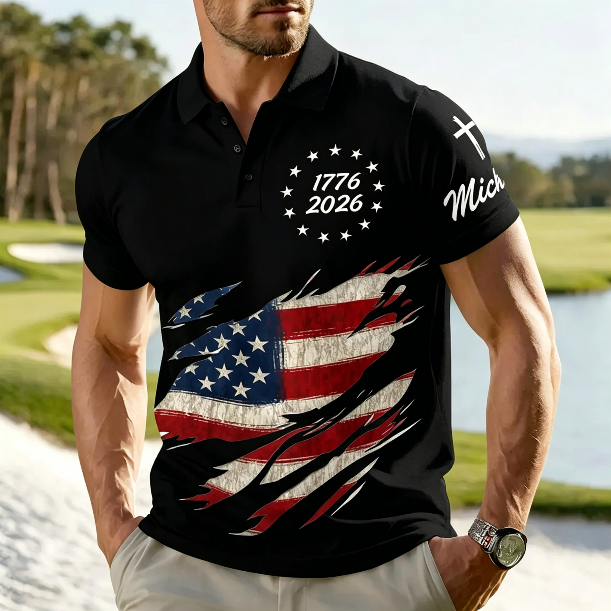 USA 1776-2026 250th Anniversary Distressed Flag Patriotic Golf Polo Shirt