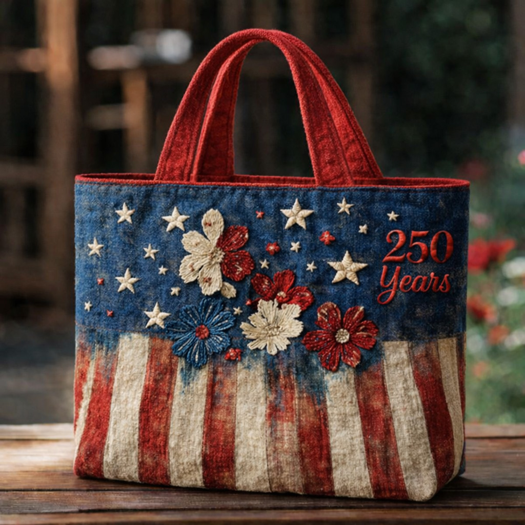 250th Anniversary Patriotic Quilted Tote Bag - Stars & Stripes Floral Embroidery Design