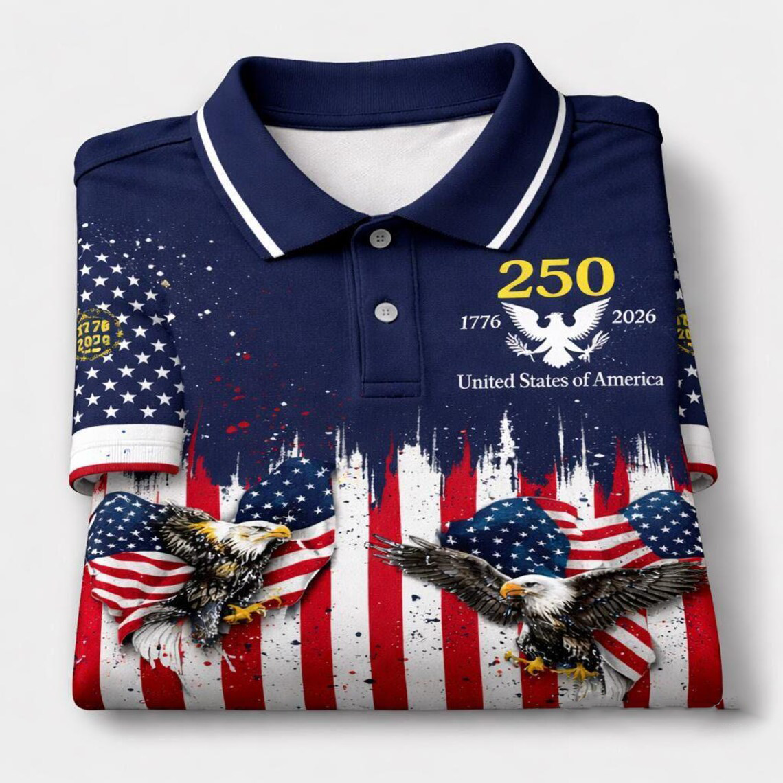250th Anniversary USA Polo Shirt, Patriotic American Flag Eagle Golf Shirt
