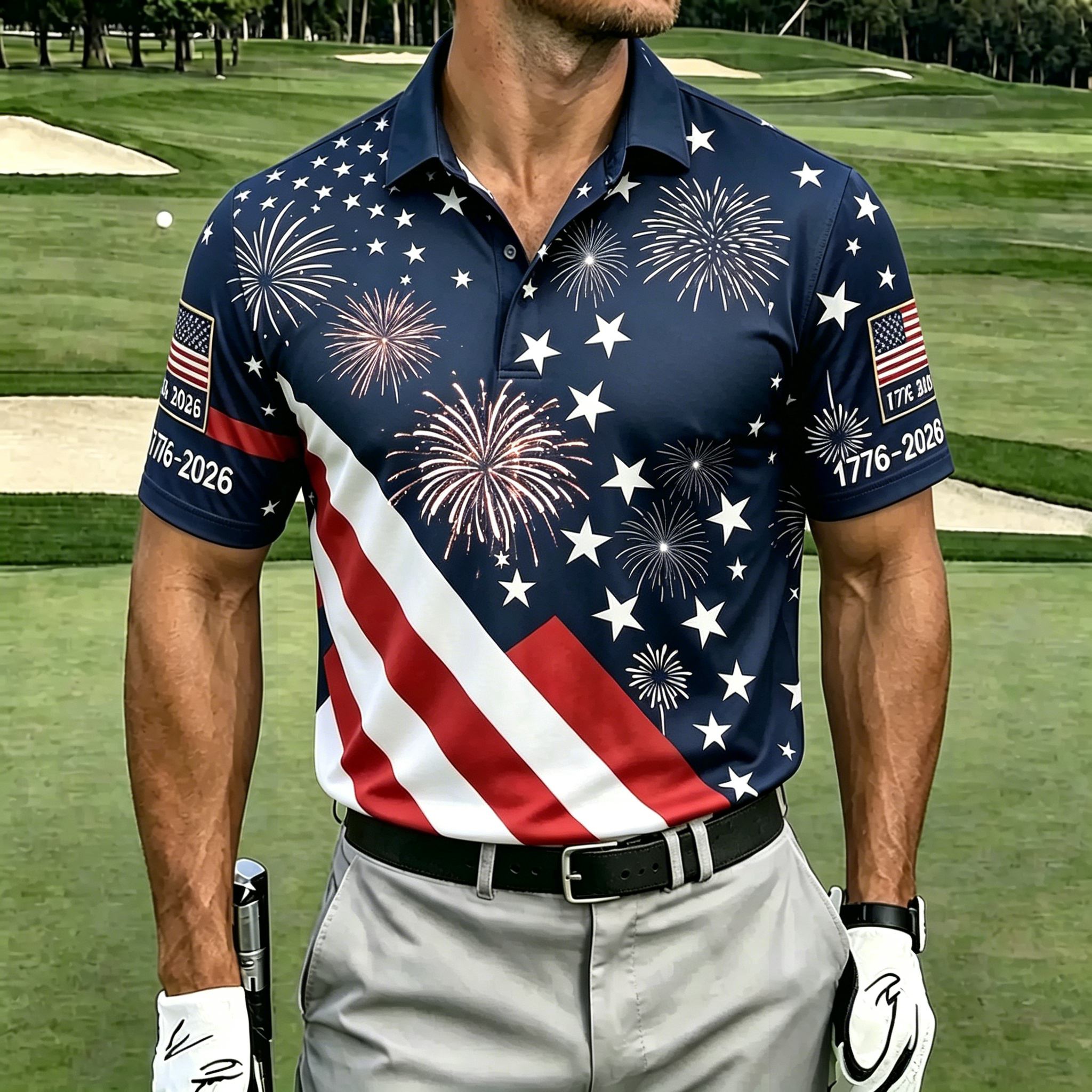 USA Patriotic Fireworks & Flag Print Polo Shirt - All-American Casual Golf Top