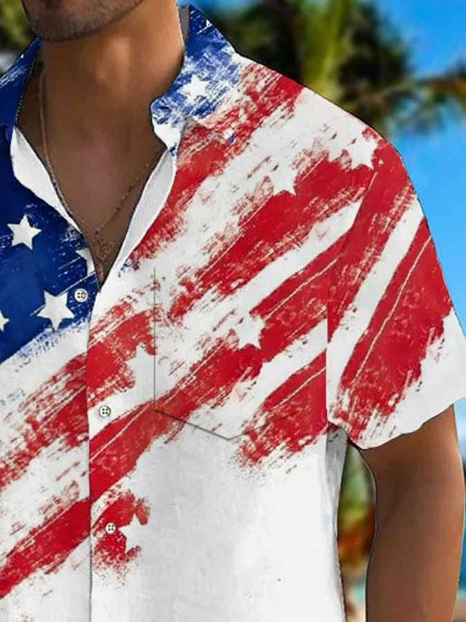 Independence Day Holiday Men's Hawaiian Shirt American Flag Art Stretch Quick Dry Surf Pocket Shirt Big Tall