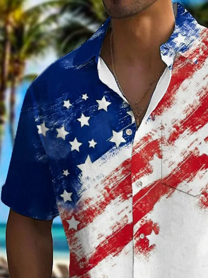 Independence Day Holiday Men's Hawaiian Shirt American Flag Art Stretch Quick Dry Surf Pocket Shirt Big Tall