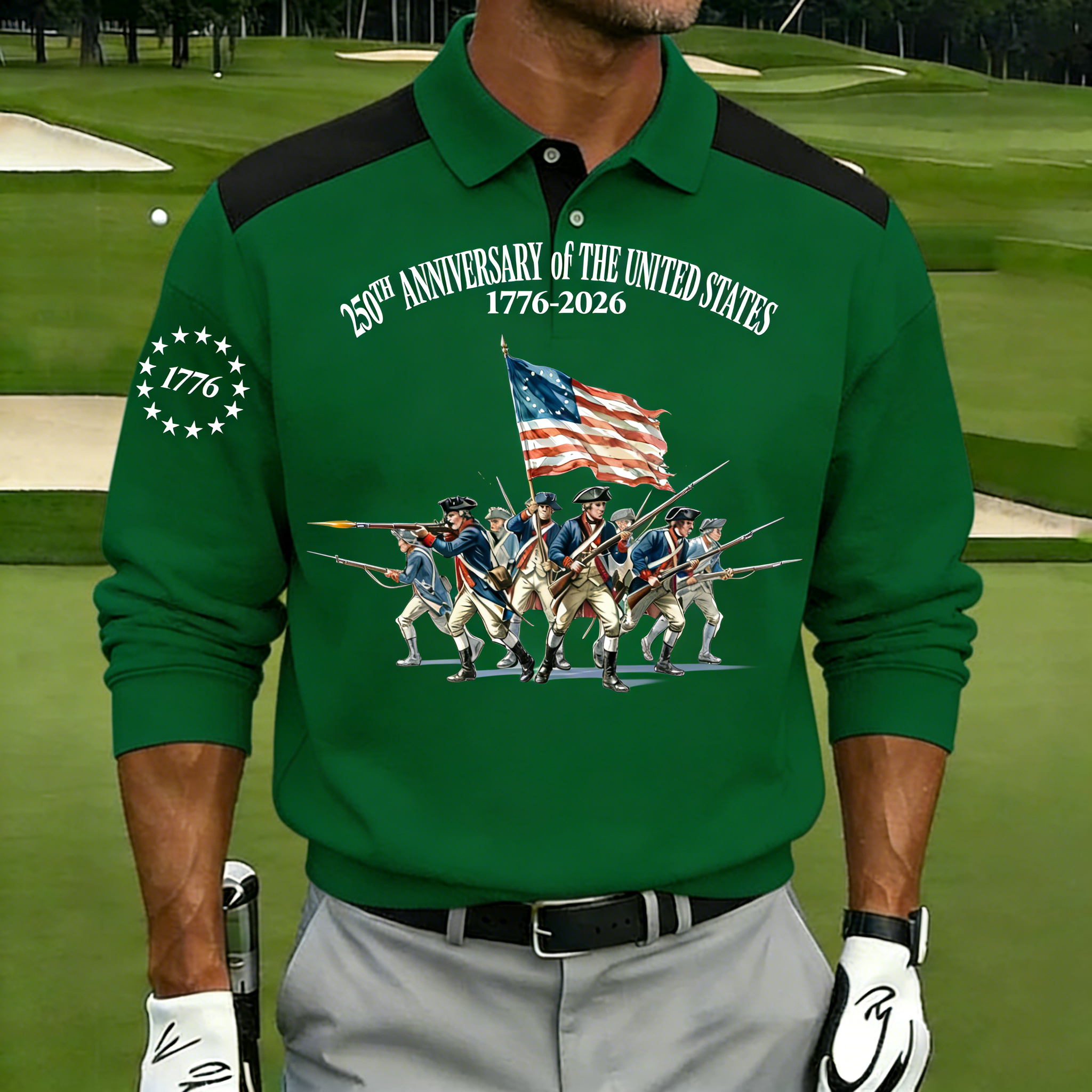 Men's 250th Anniversary US Revolutionary Soldier Polo Shirt | Patriotic Short Sleeve Golf Tee