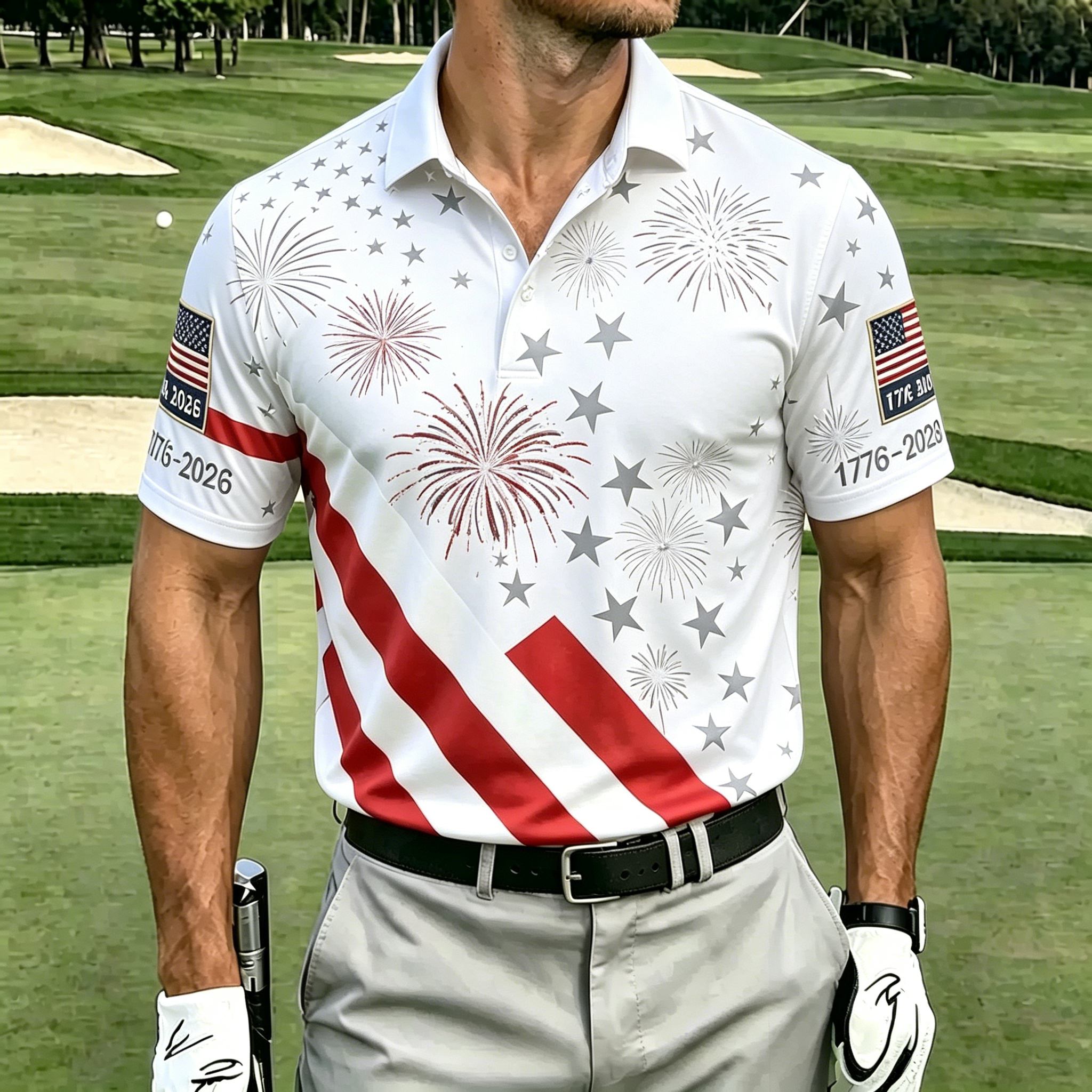 USA Patriotic Fireworks & Flag Print Polo Shirt - All-American Casual Golf Top