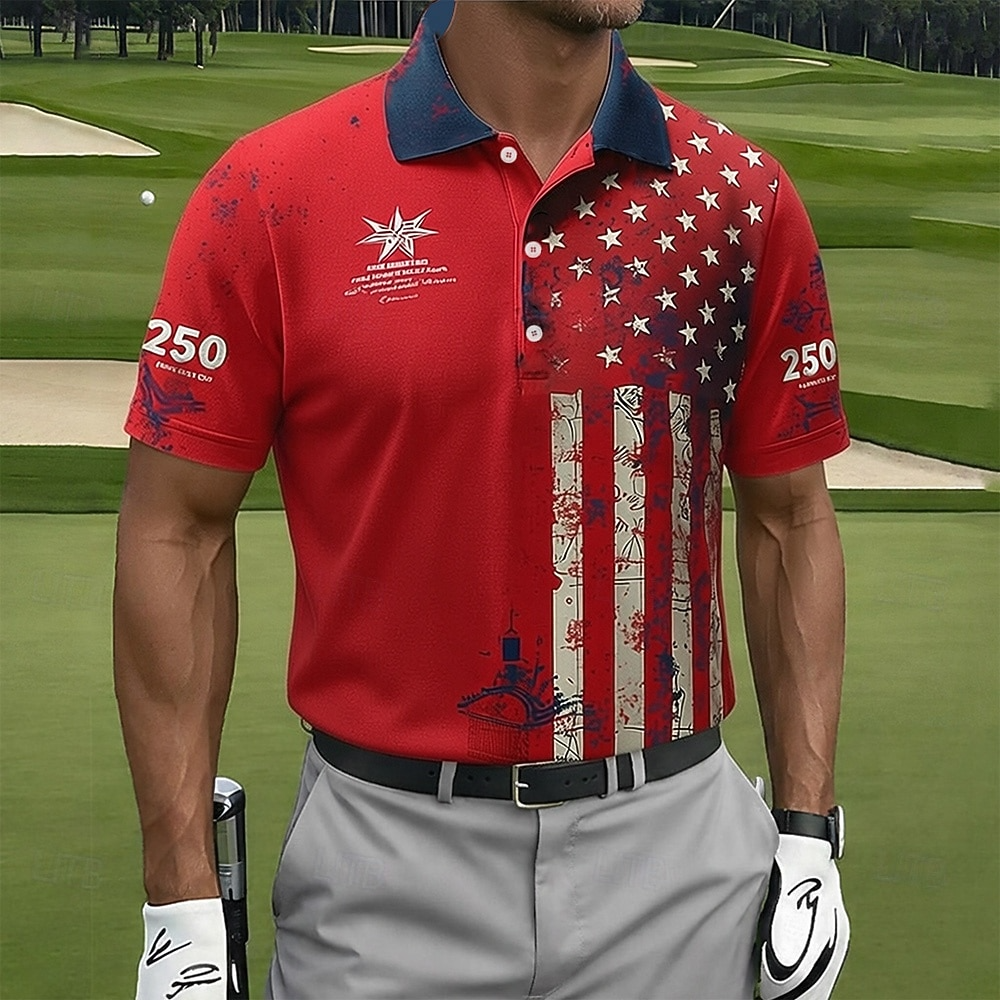 4th of July 2026 250th Men's American US Flag Golf Sports Polo Shirts Short Sleeve Polo Shirts Collared Shirts Casual Athleisure Buttons Spring & Summer Blue Red