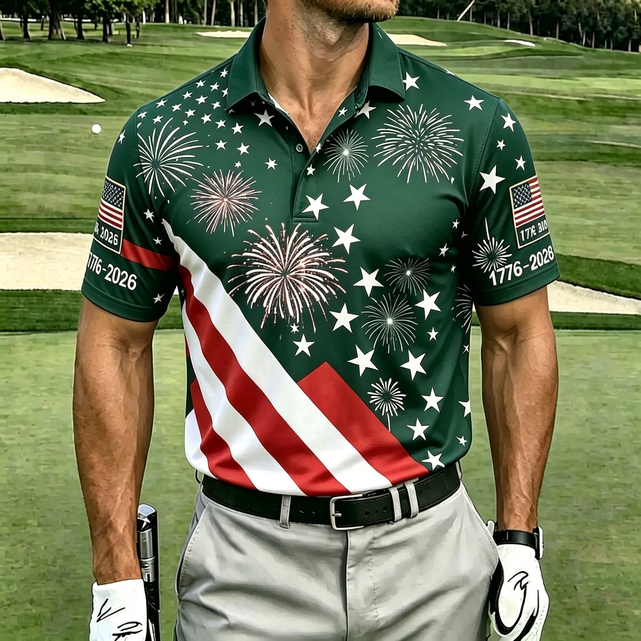 USA Patriotic Fireworks & Flag Print Polo Shirt - All-American Casual Golf Top