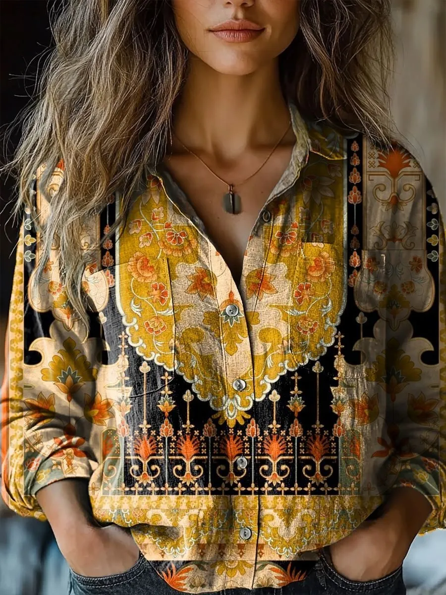 Bohemian Resort Vintage Linen Print Casual Long Sleeve Top EA