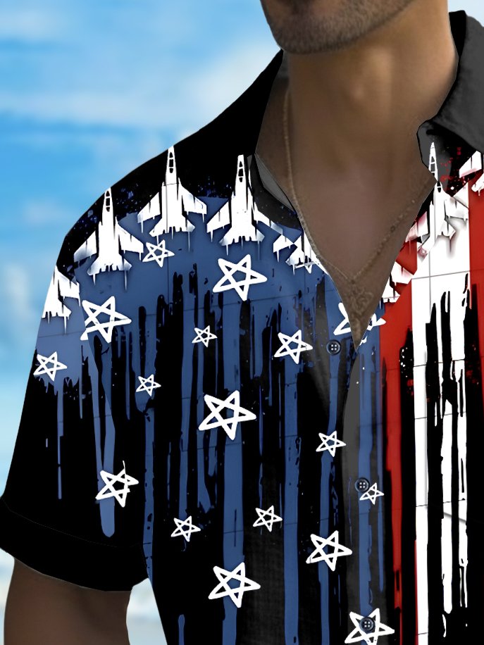 Independence Day Holiday Men's Hawaiian Shirt American Flag Art Stretch Quick Dry Surf Pocket Shirt Big Tall