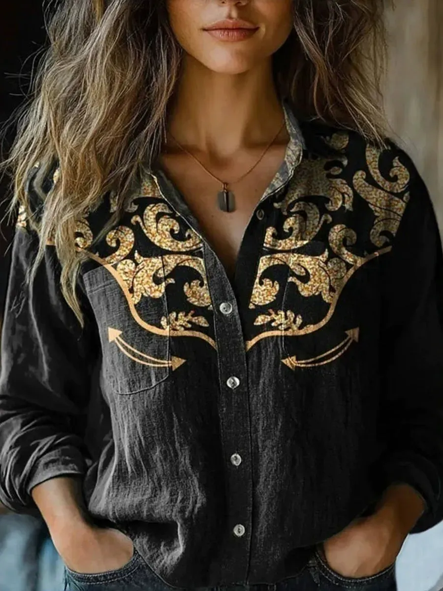 Bohemian Resort Vintage Linen Print Casual Long Sleeve Top EX