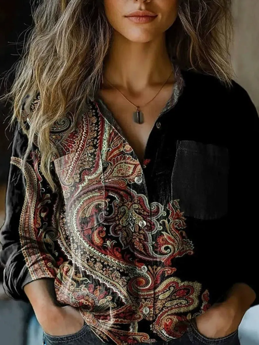 Bohemian Resort Vintage Linen Print Casual Long Sleeve Top 2