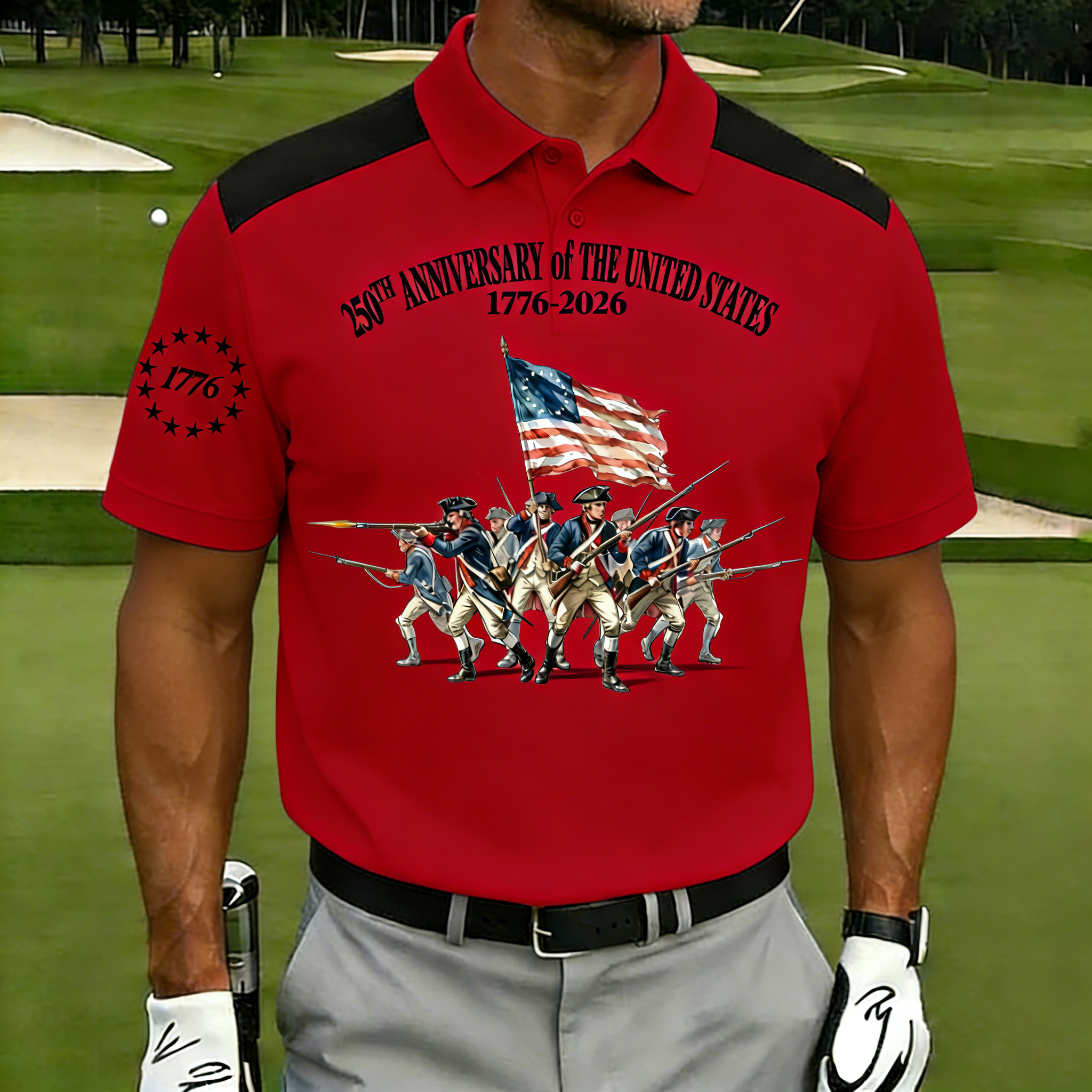 Men's 250th Anniversary US Revolutionary Soldier Polo Shirt | Patriotic Short Sleeve Golf Tee