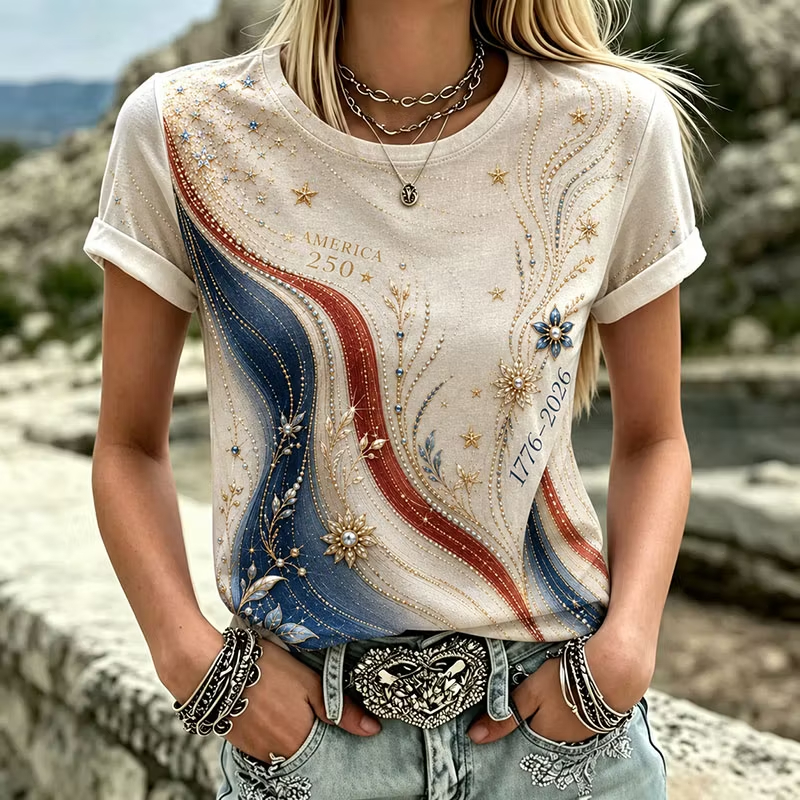 [Copy][Copy]Women's USA 250th Anniversary Art Print Casual T-Shirt SHINE