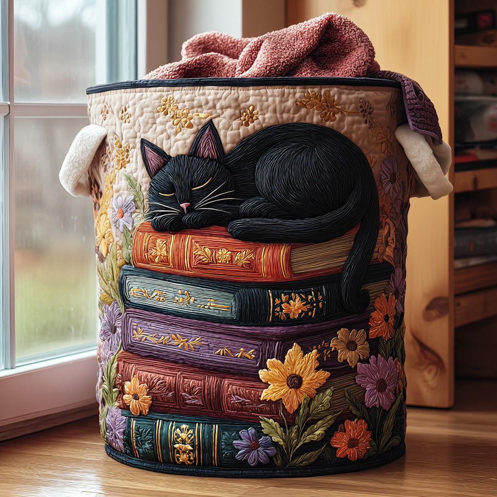 Cat Quilted Laundry Basket NCU0QN014 - Sleeping Books Quilted Laundry Basket NCU0PVL563