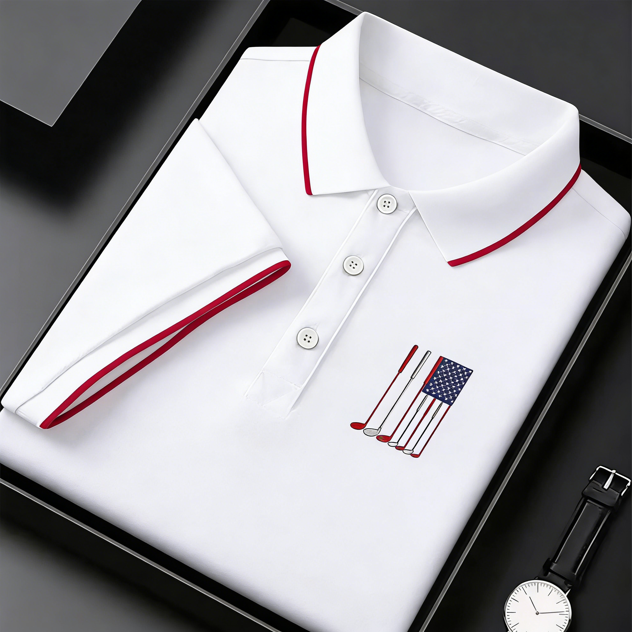 Men's USA Flag Golf Club Embroidered Polo Shirt - Patriotic Performance Golf Apparel