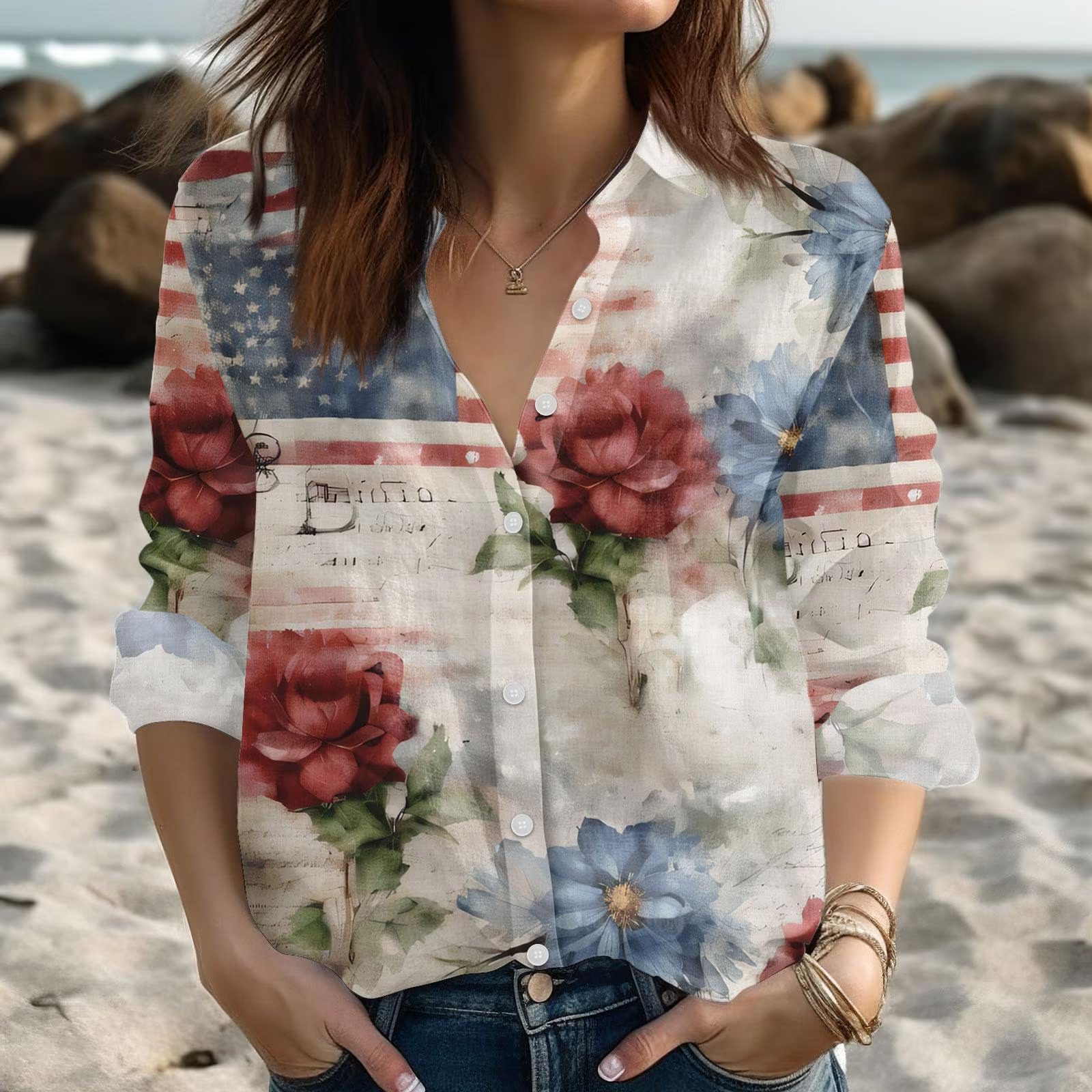 USA Floral Casual Shirt, American Flag Blouse Shirt For Women, 4th Of July America Women Shirt,Red White Blue Button Shirt Gift For Her