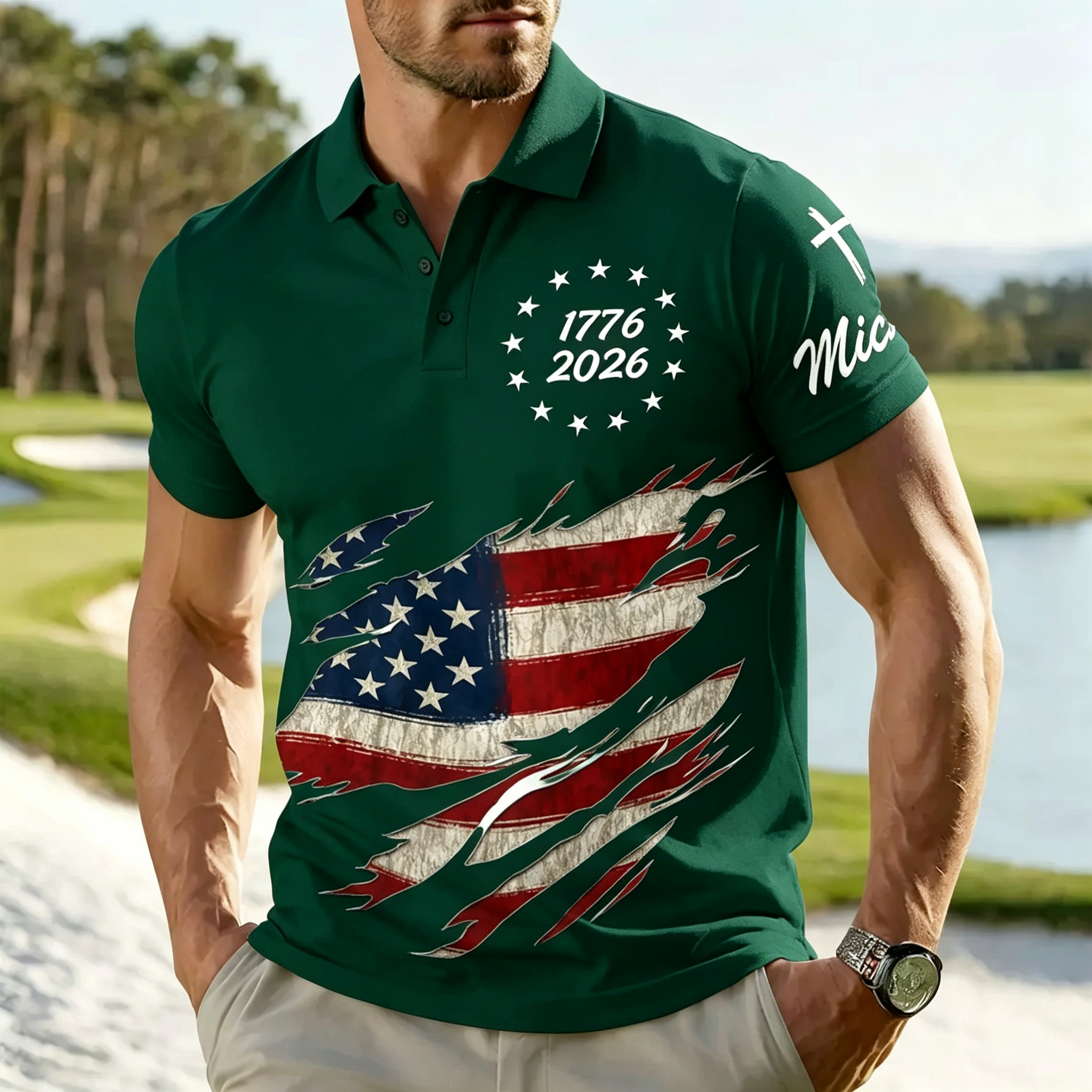 USA 1776-2026 250th Anniversary Distressed Flag Patriotic Golf Polo Shirt