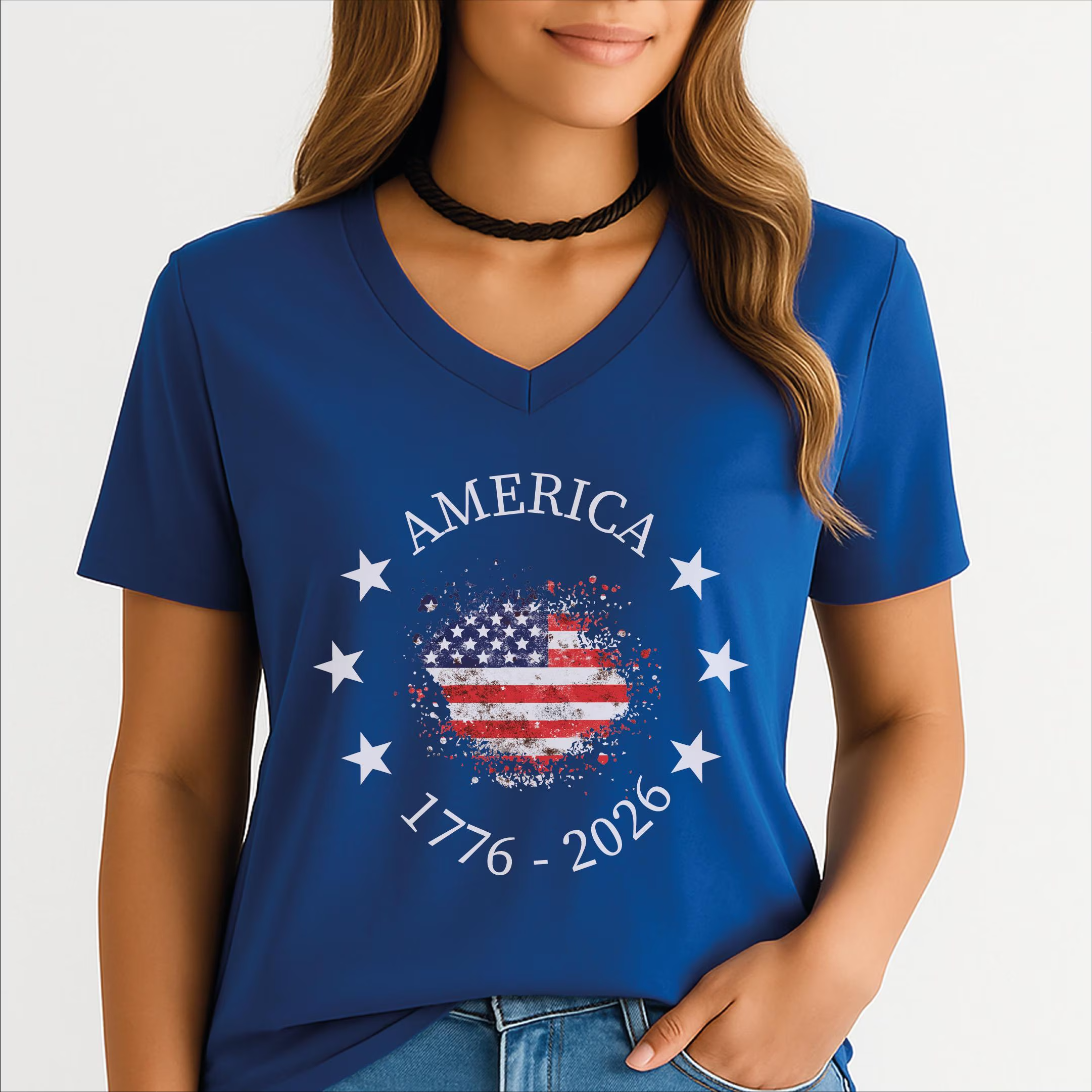 America 250th Anniversary VNeck Shirt, Patriotic USA Flag V-Neck Tee, 4th of July Independence Day Gift D