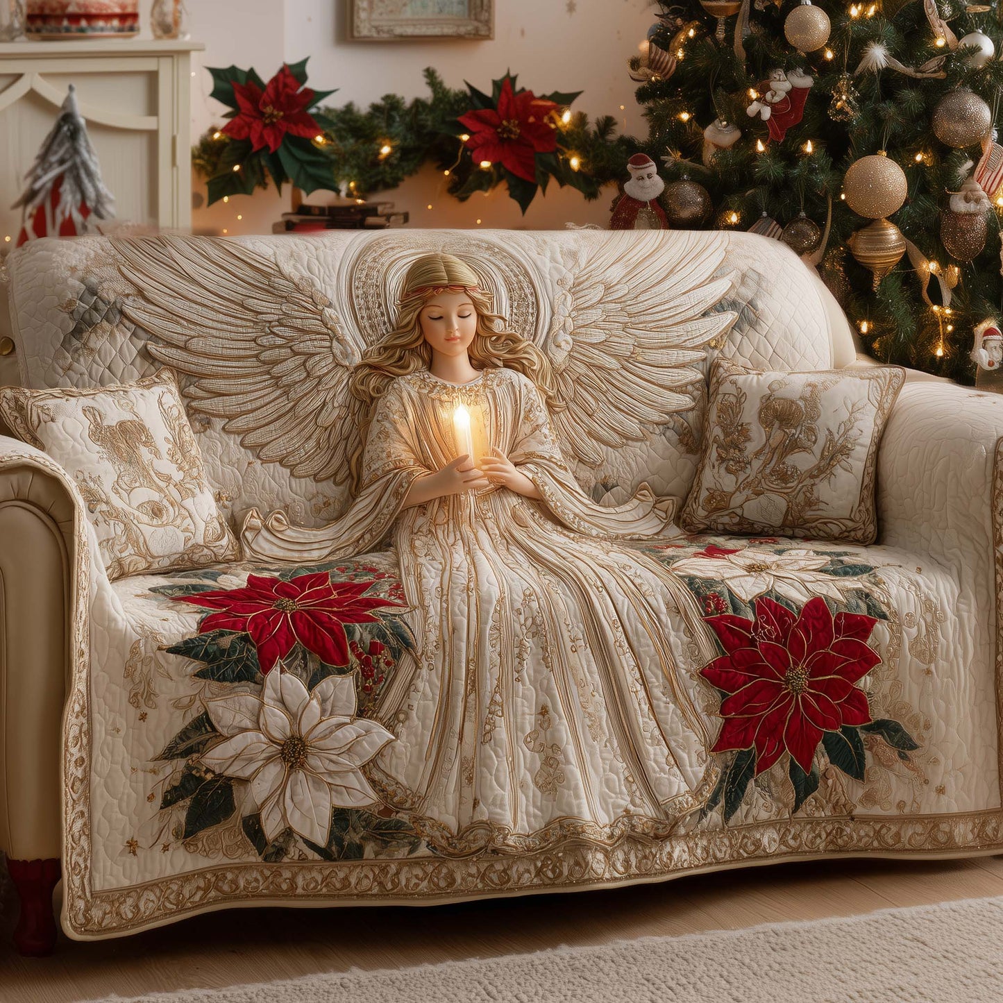Poinsettia Angel Quilted SofaCover GFTOYc2090