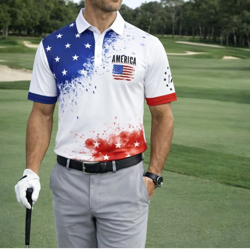 Men's USA Flag Patriotic Golf Polo Shirt | Moisture Wicking American Flag Performance Golf Apparel