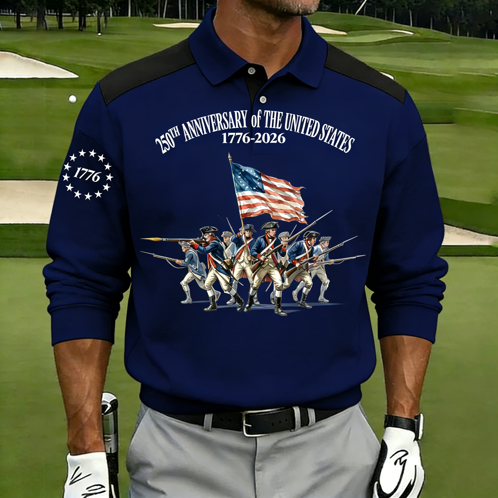 Men's 250th Anniversary US Revolutionary Soldier Polo Shirt | Patriotic Short Sleeve Golf Tee