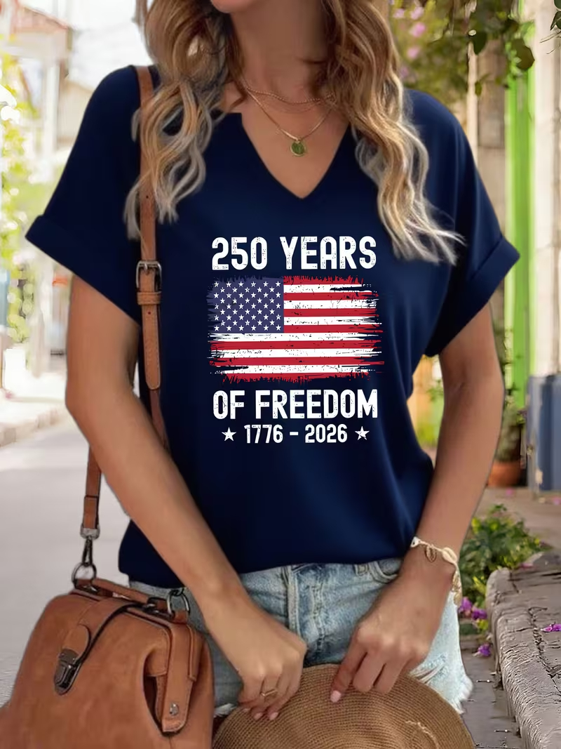 Women's USA 250th Anniversary Art Print Casual T-Shirt D