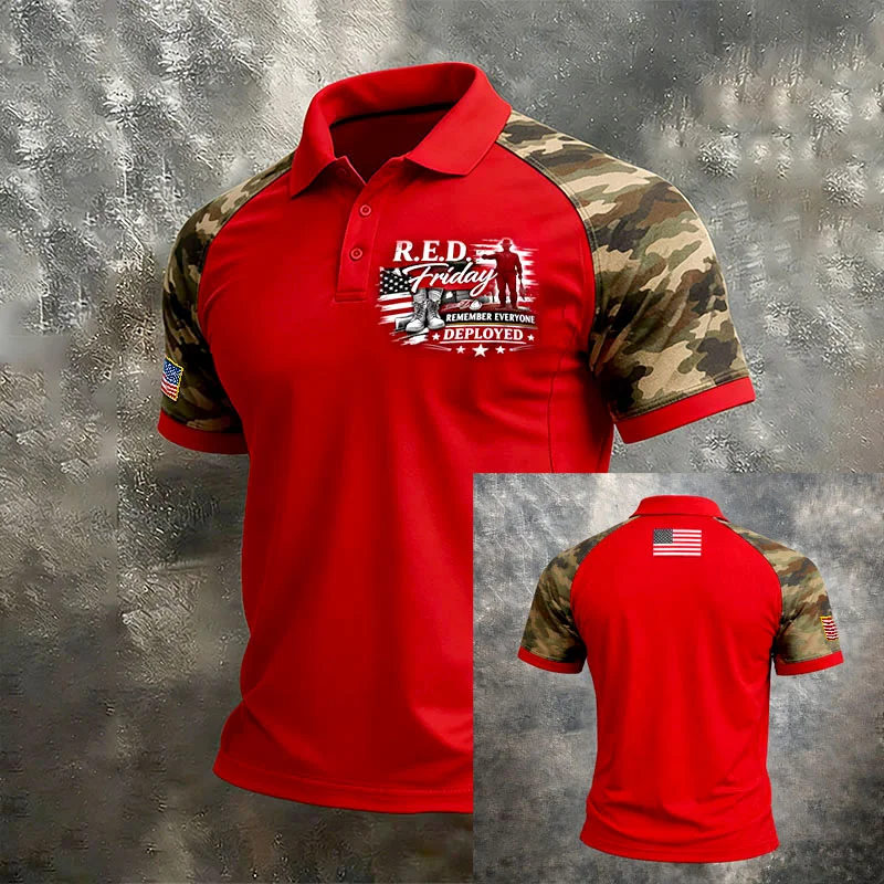 R.E.D. Friday Remember Everyone Deployed Men's Camo Polo Shirt | Patriotic Military Support Tee