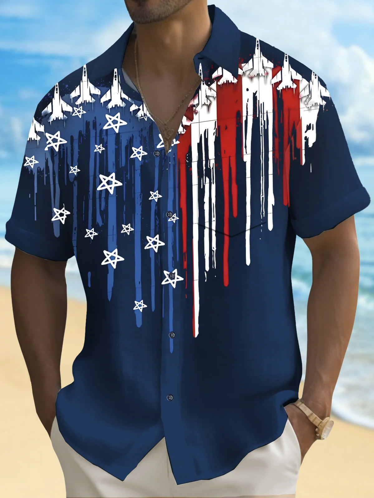 Independence Day Holiday Men's Hawaiian Shirt American Flag Art Stretch Quick Dry Surf Pocket Shirt Big Tall