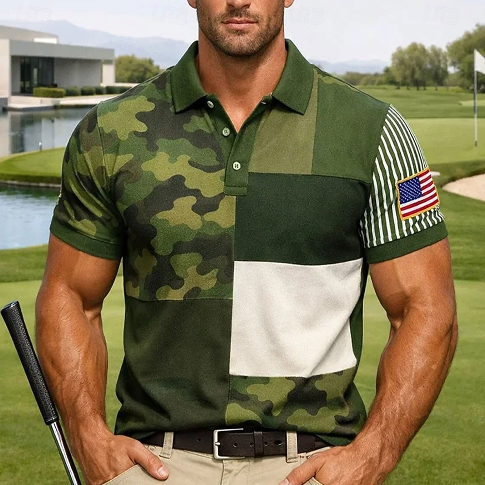 4th of July 2026 250th Men's Camouflage Golf Sports Polo Shirts Short Sleeve Polo Shirts Collared Shirts Casual Athleisure Buttons Summer Spring Green