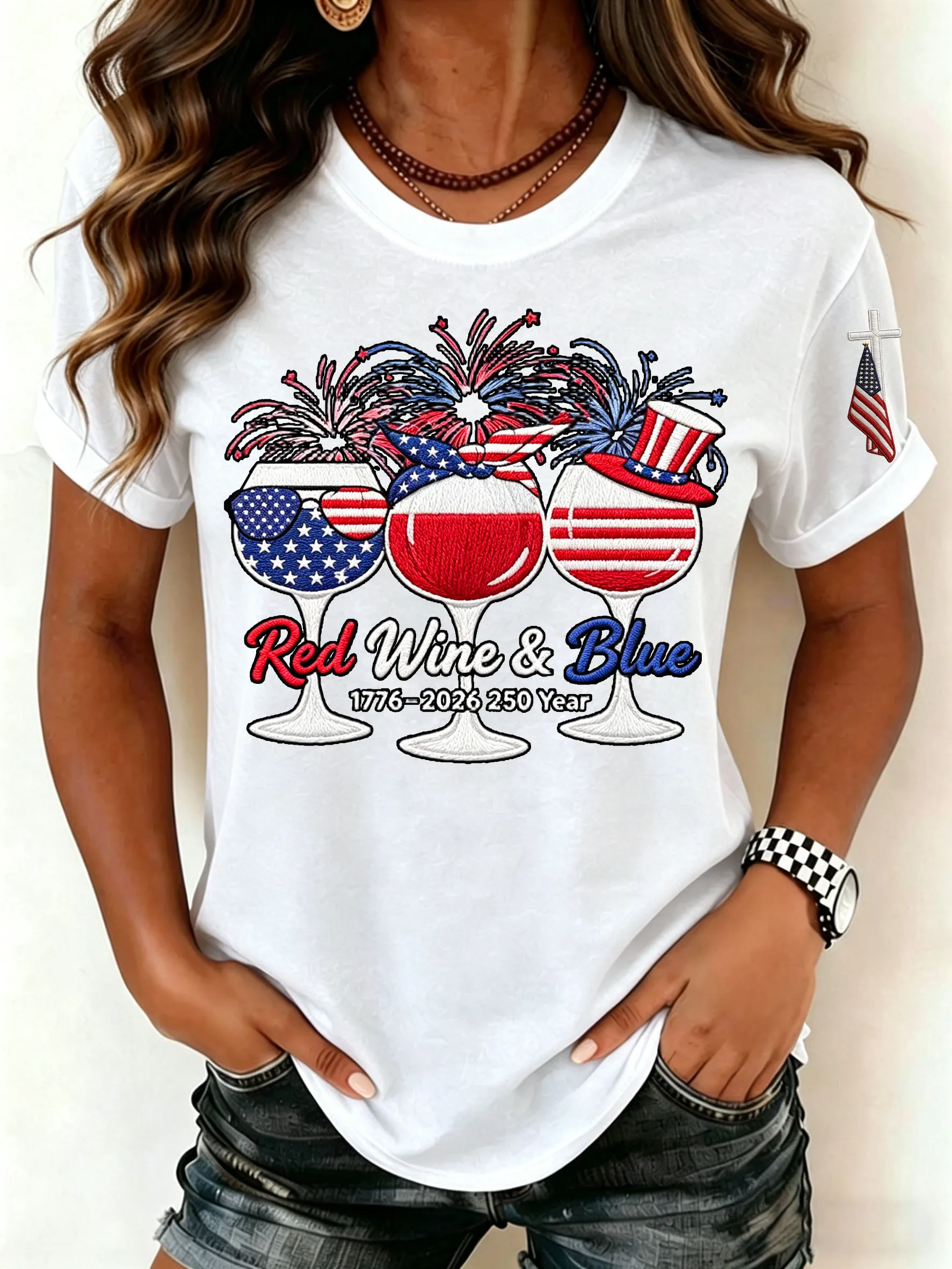 Women's Retro 1776–2026 250 Year Red Wine & Blue Print T-Shirt