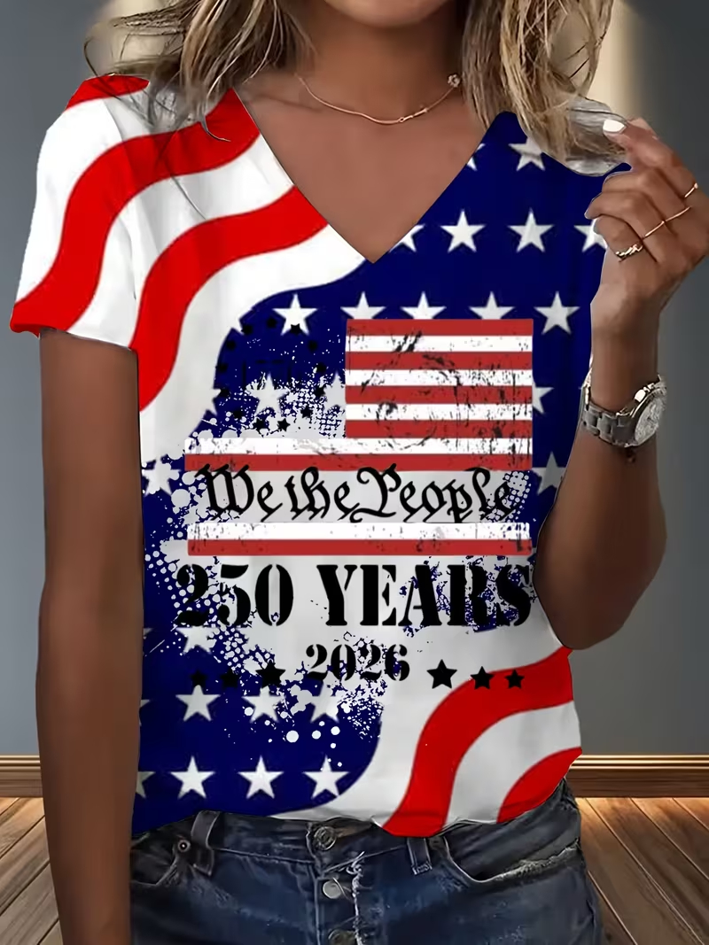 [Copy]Women's USA 250th Anniversary Art Print Casual T-Shirt E