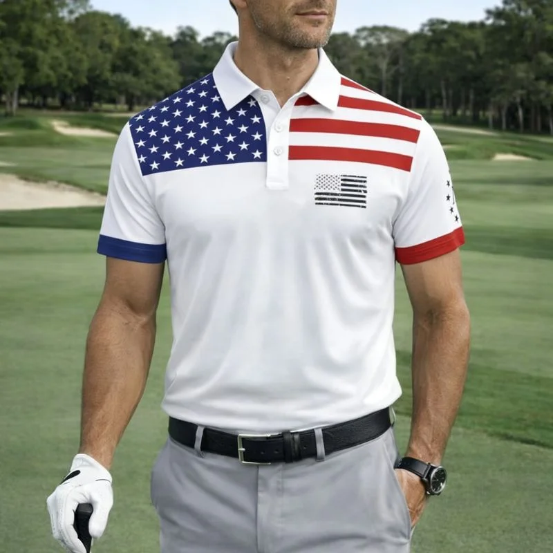 Men's USA Flag Patriotic Golf Polo Shirt | Moisture Wicking American Flag Performance Golf Apparel
