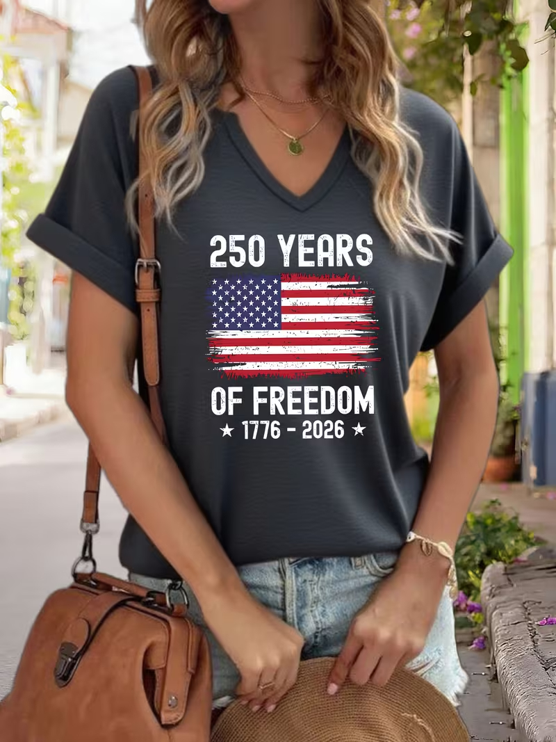 Women's USA 250th Anniversary Art Print Casual T-Shirt D