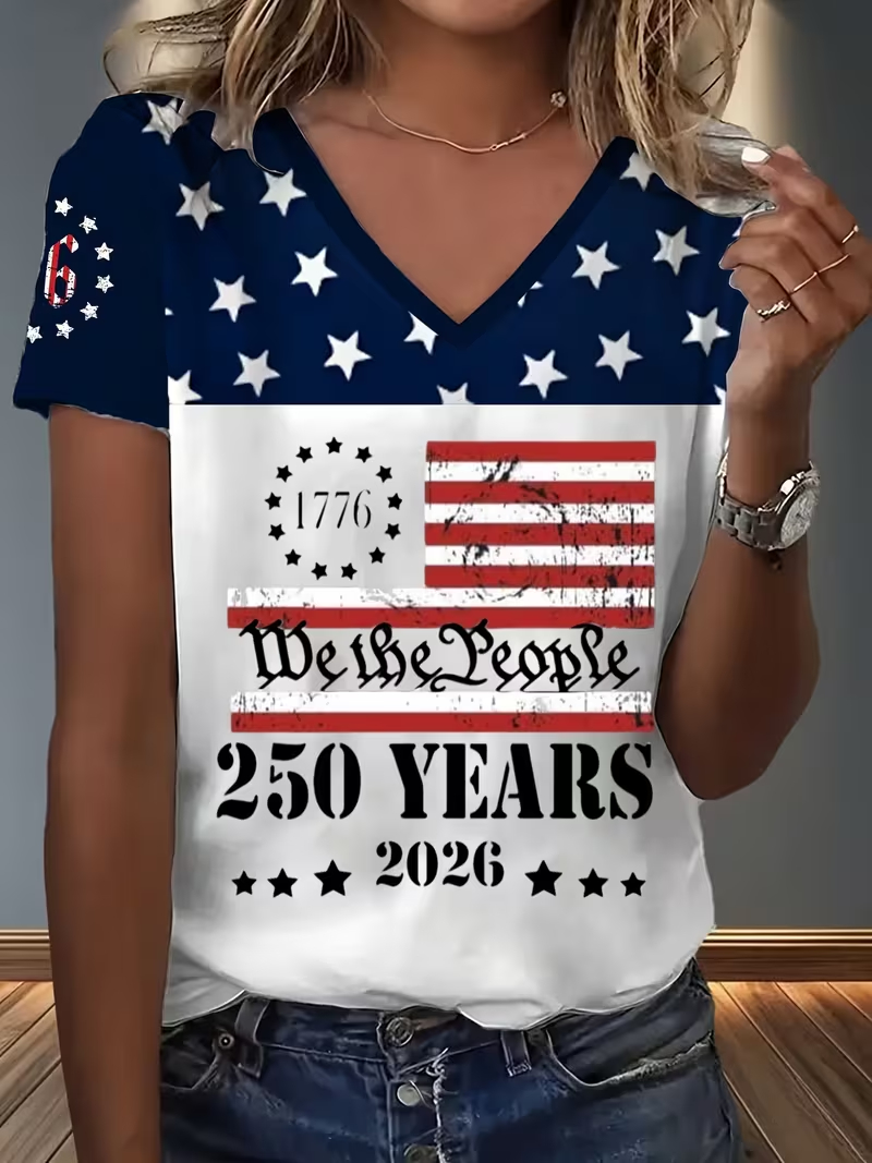 [Copy]Women's USA 250th Anniversary Art Print Casual T-Shirt E