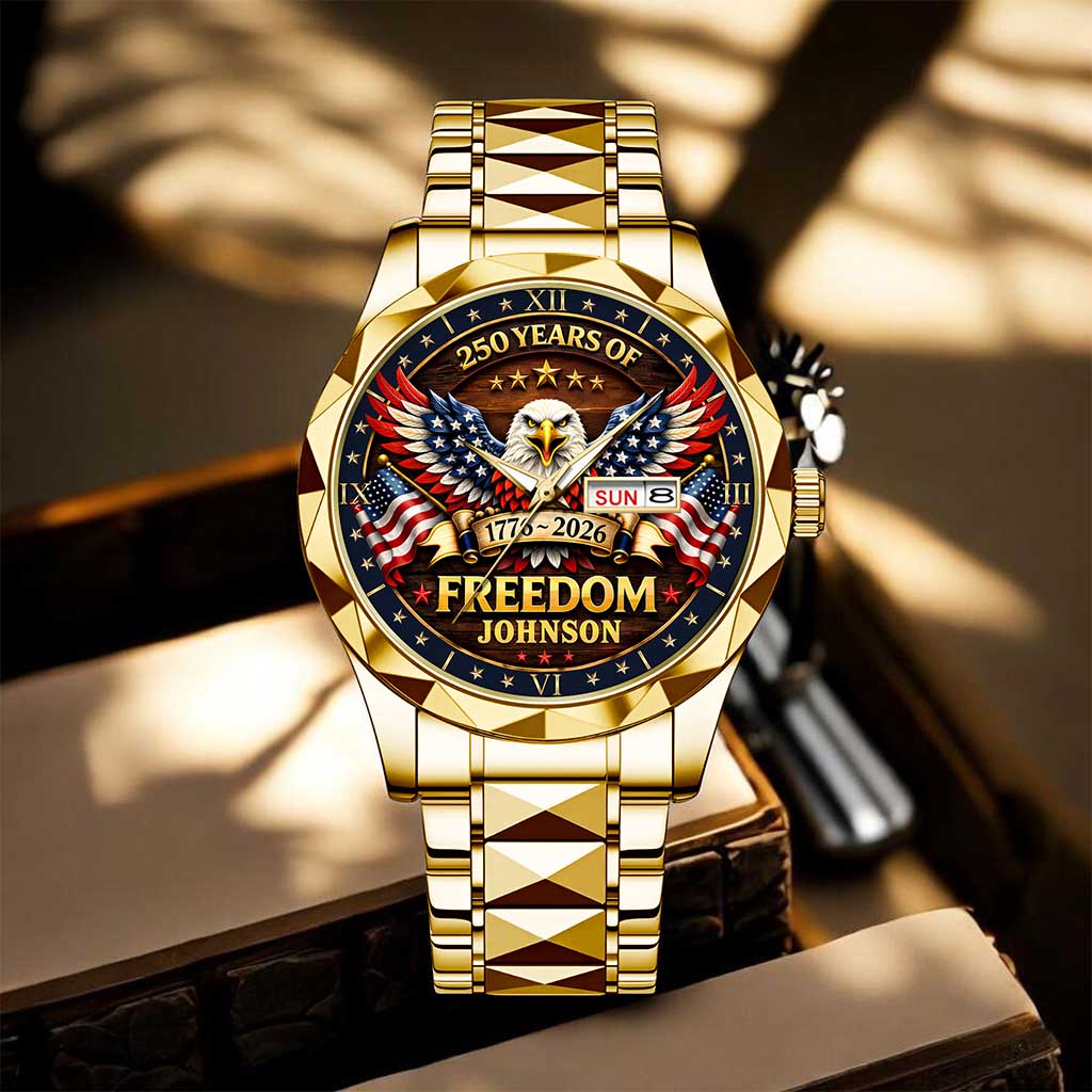 Custom Engraved 250 Years of Freedom Patriotic Quartz Watch - Personalized American Eagle Design