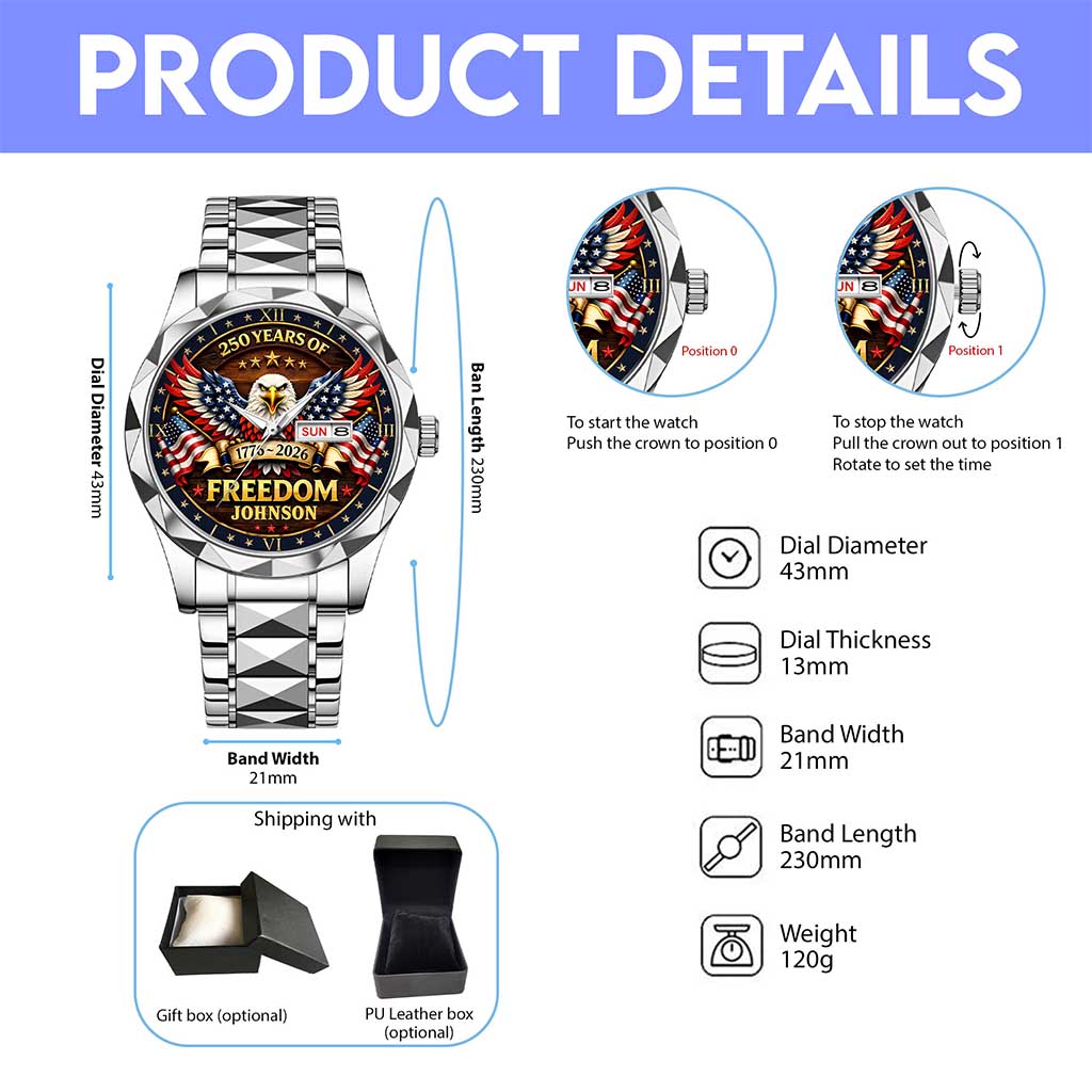 Custom Engraved 250 Years of Freedom Patriotic Quartz Watch - Personalized American Eagle Design