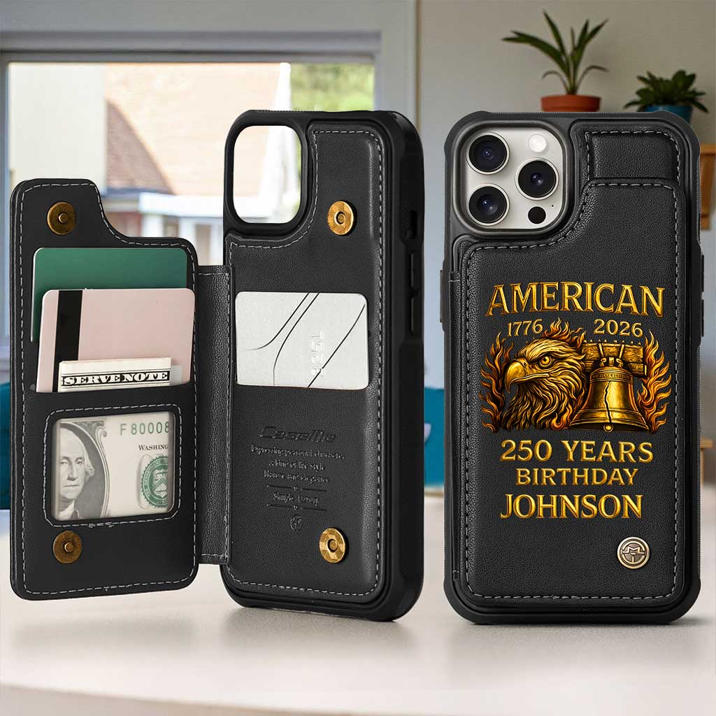 Personalized America 250th Anniversary Leather Flip Wallet Phone Case - Bald Eagle & Liberty Bell Design