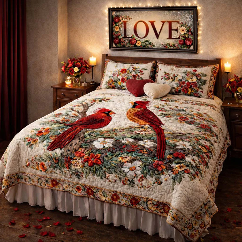Cardinal Love Dance 3-Piece Quilted Bedding Set GFTOHD2174