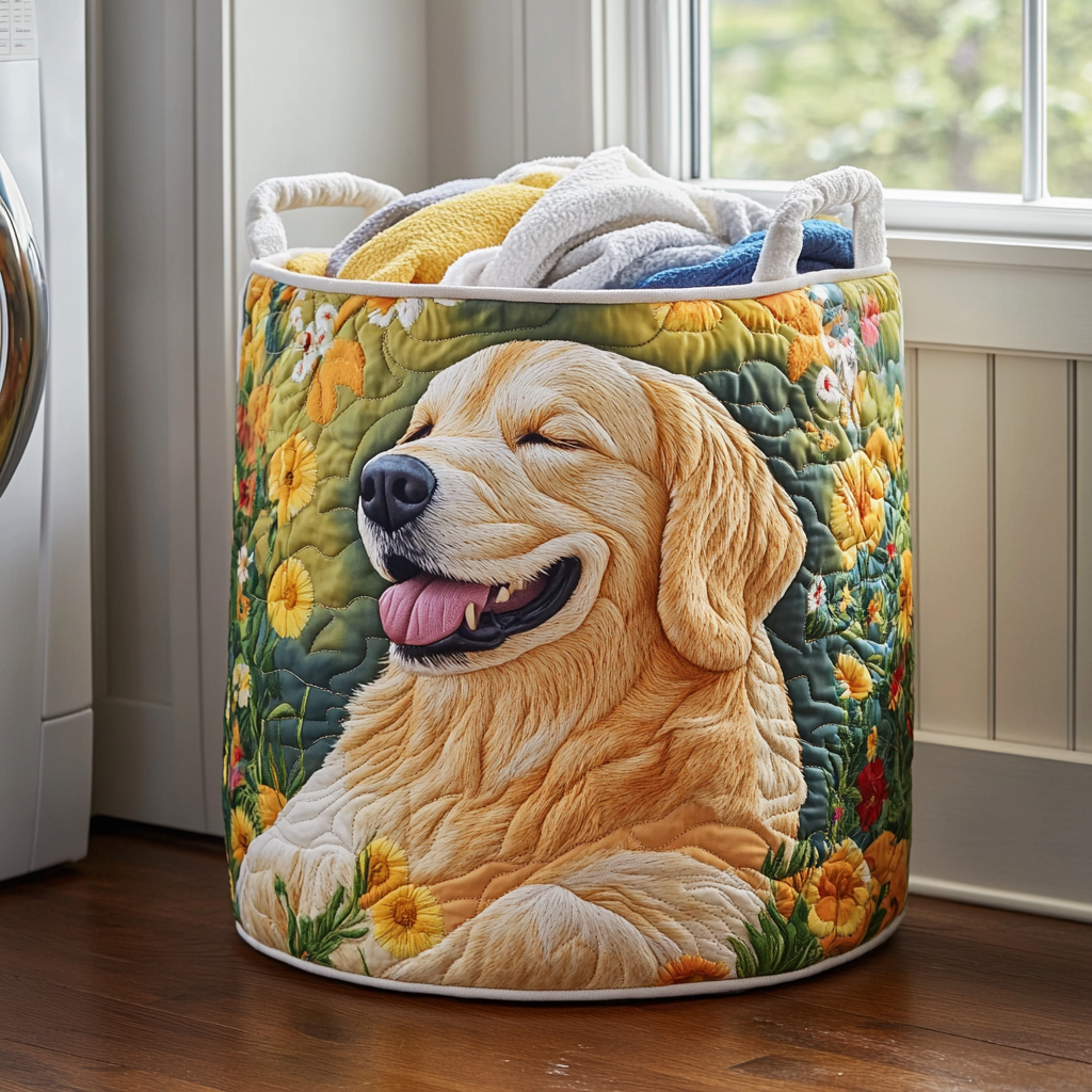 Dog Quilted Laundry Basket NCU0QN053 - Golden Retriever Bloom Quilted Laundry Basket NCU0DDK837