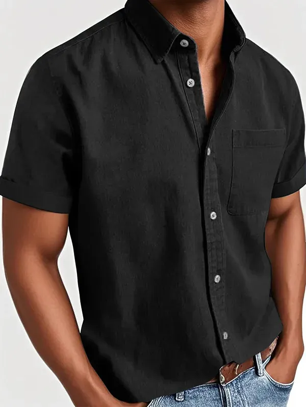 Men's Classic Vintage Washed Gentleman Casual Pocket Short Sleeve Shirt
