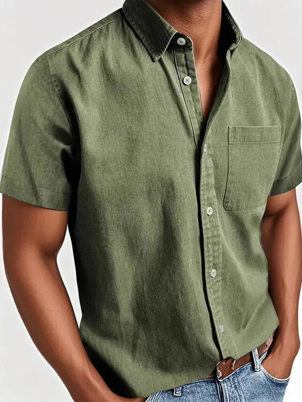 Men's Classic Vintage Washed Gentleman Casual Pocket Short Sleeve Shirt