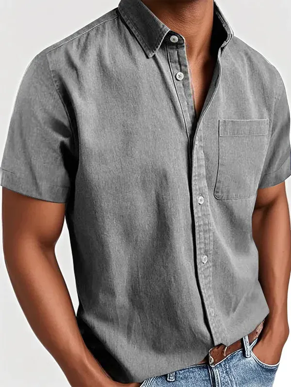 Men's Classic Vintage Washed Gentleman Casual Pocket Short Sleeve Shirt
