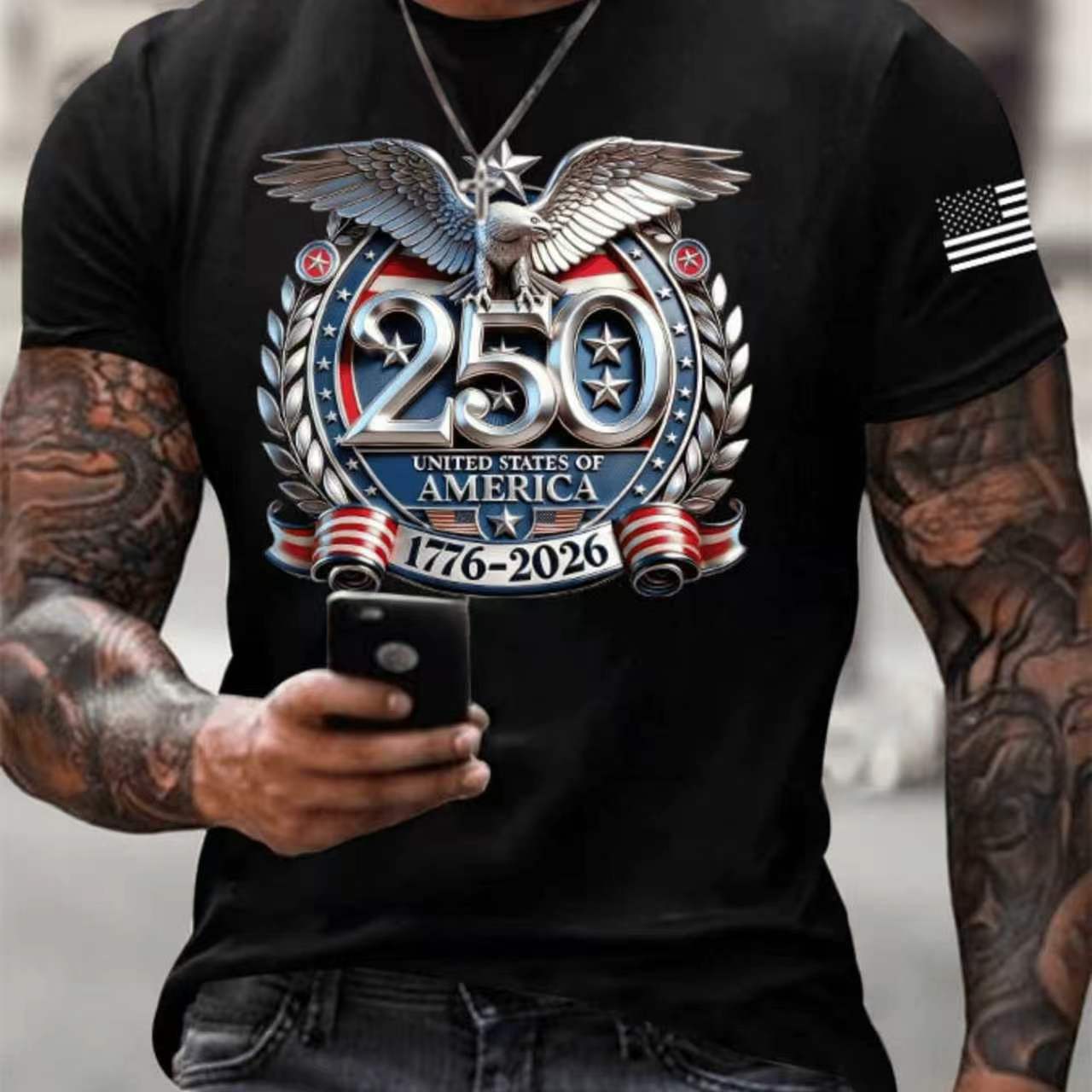 Men's USA 250th Anniversary Patriotic T-Shirt | Embroidered Bald Eagle American Flag Short Sleeve Tee