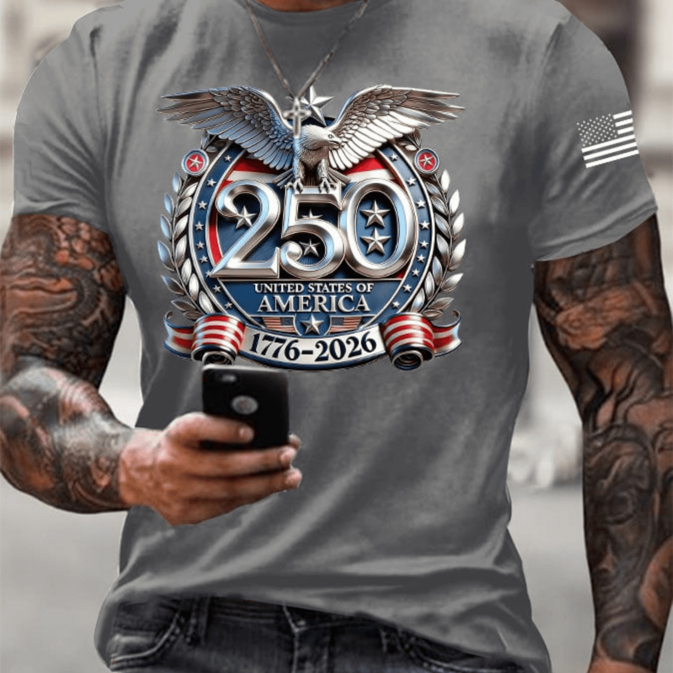 Men's USA 250th Anniversary Patriotic T-Shirt | Embroidered Bald Eagle American Flag Short Sleeve Tee