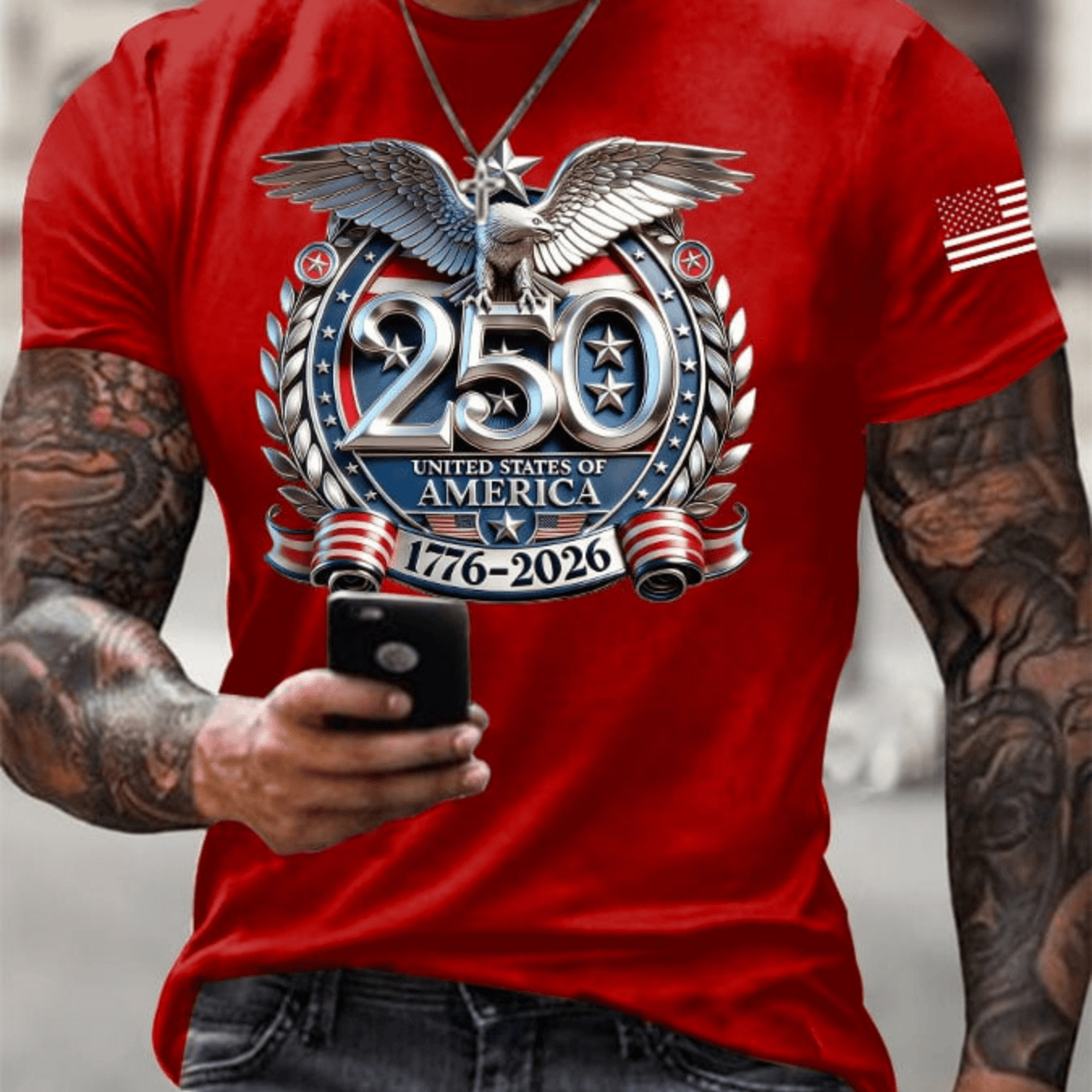 Men's USA 250th Anniversary Patriotic T-Shirt | Embroidered Bald Eagle American Flag Short Sleeve Tee