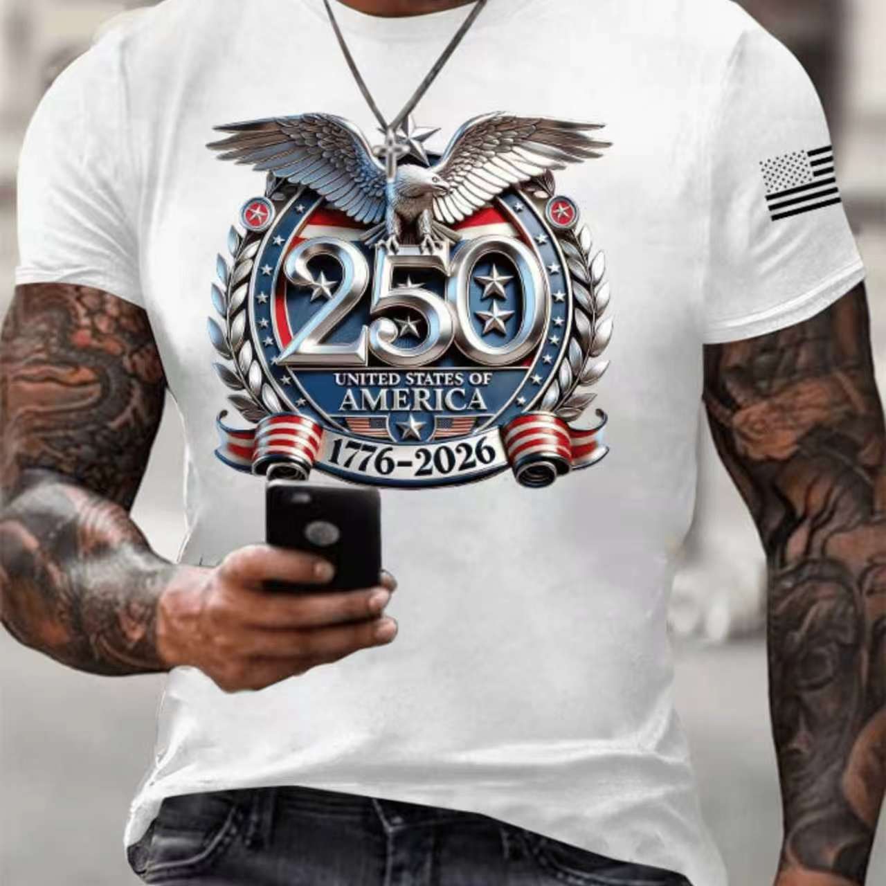 Men's USA 250th Anniversary Patriotic T-Shirt | Embroidered Bald Eagle American Flag Short Sleeve Tee