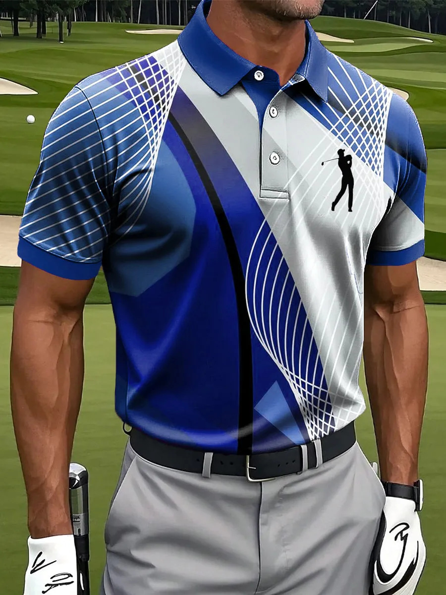 Men's Geometric Golf Polo Shirt | Moisture Wicking Performance Golf Apparel with Golfer Silhouette