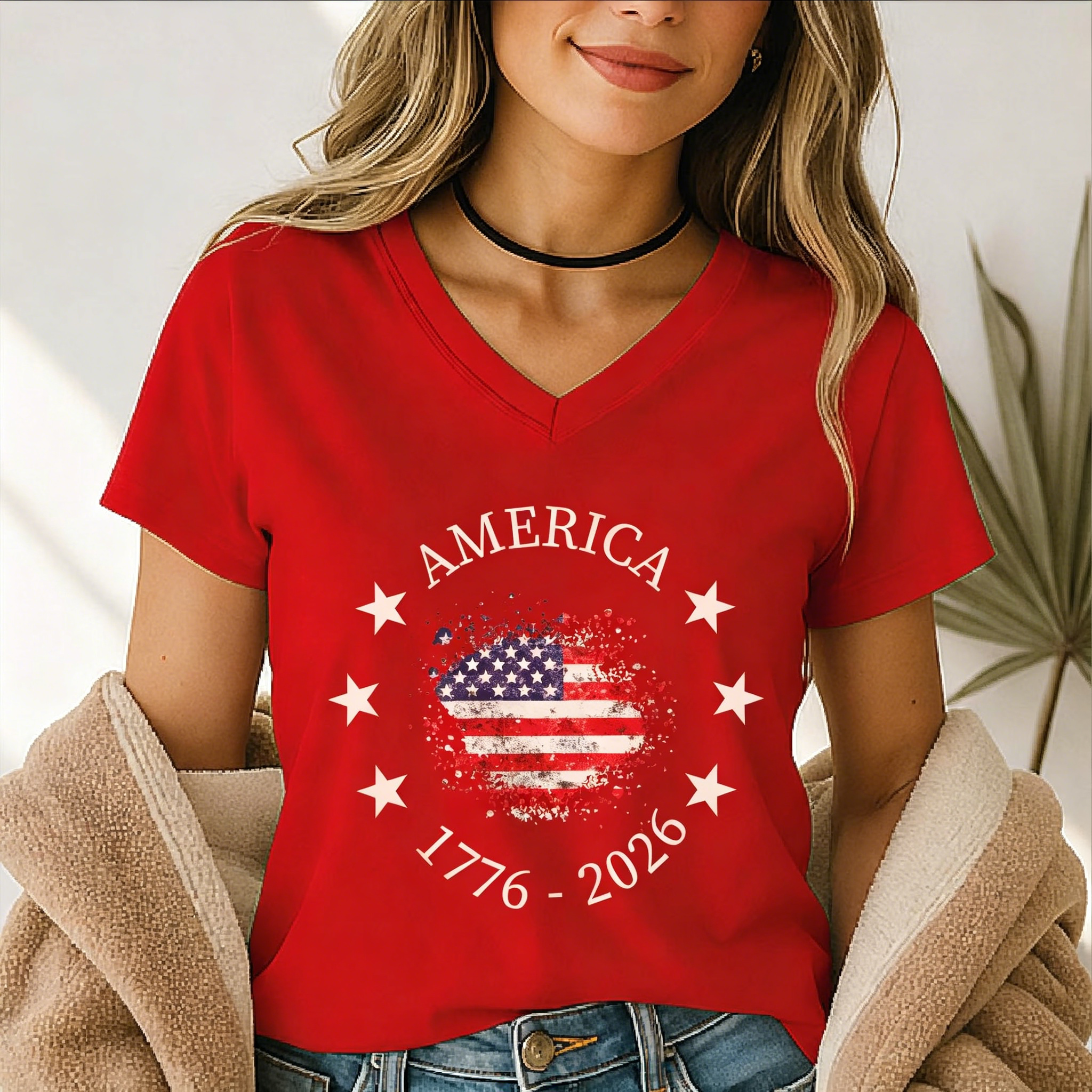 America 250th Anniversary VNeck Shirt, Patriotic USA Flag V-Neck Tee, 4th of July Independence Day Gift C