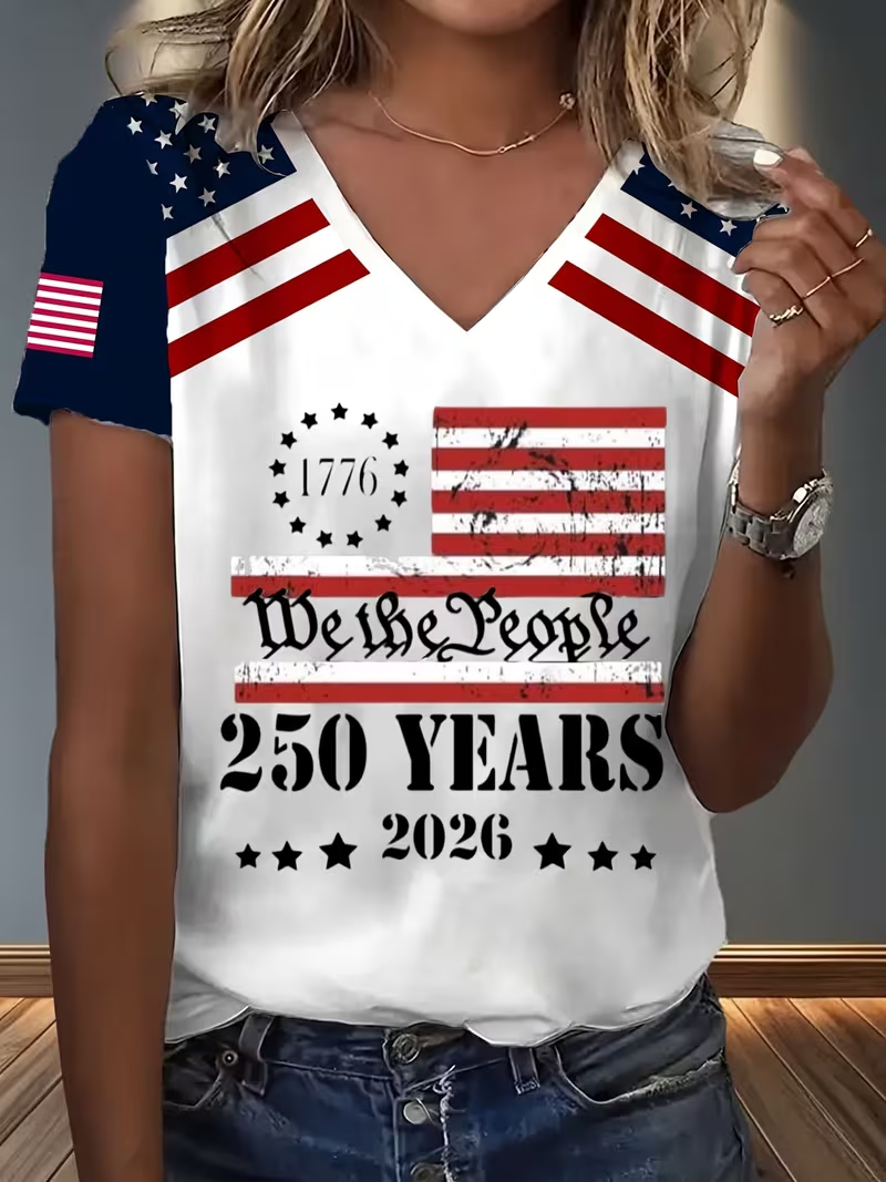 [Copy]Women's USA 250th Anniversary Art Print Casual T-Shirt E