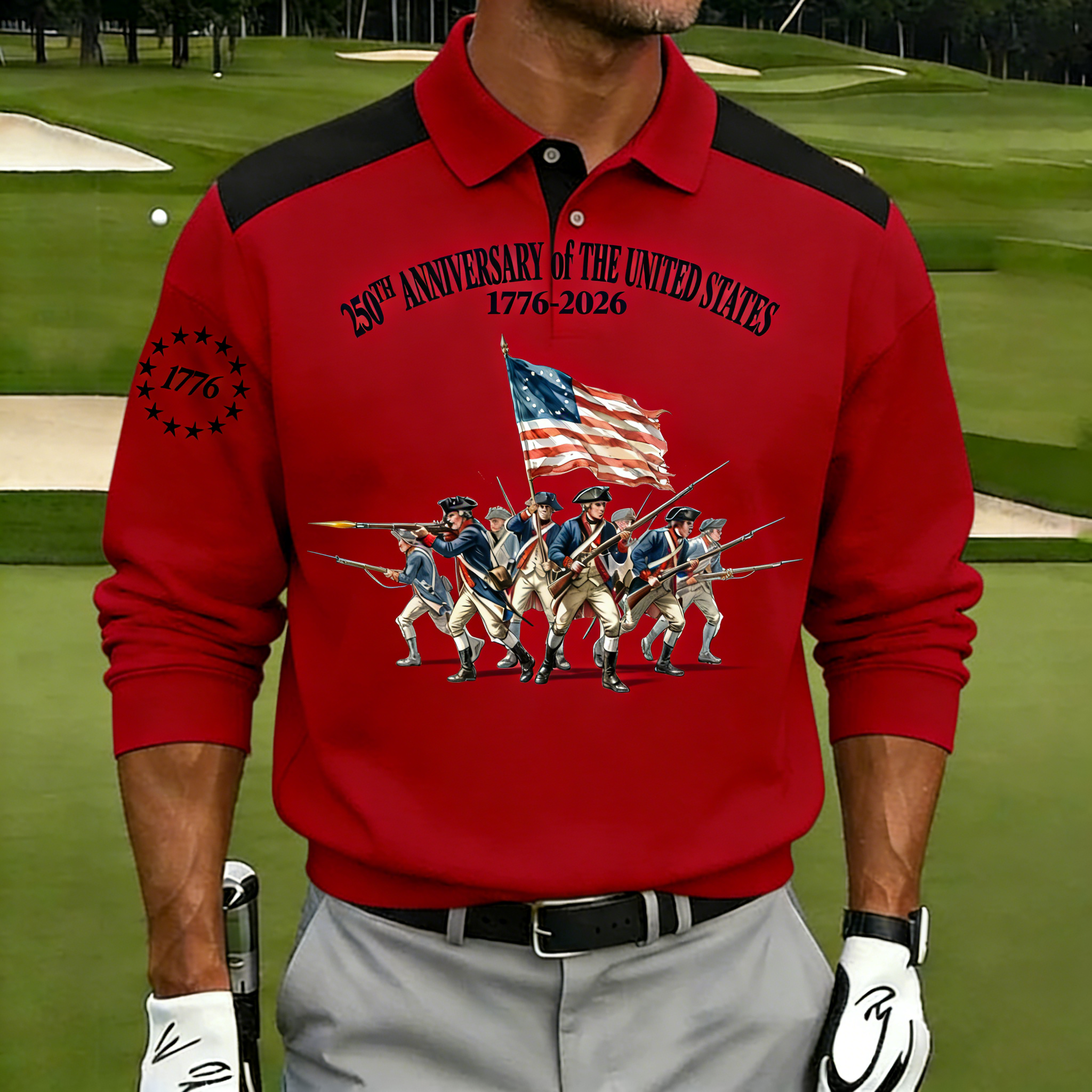 Men's 250th Anniversary US Revolutionary Soldier Polo Shirt | Patriotic Short Sleeve Golf Tee