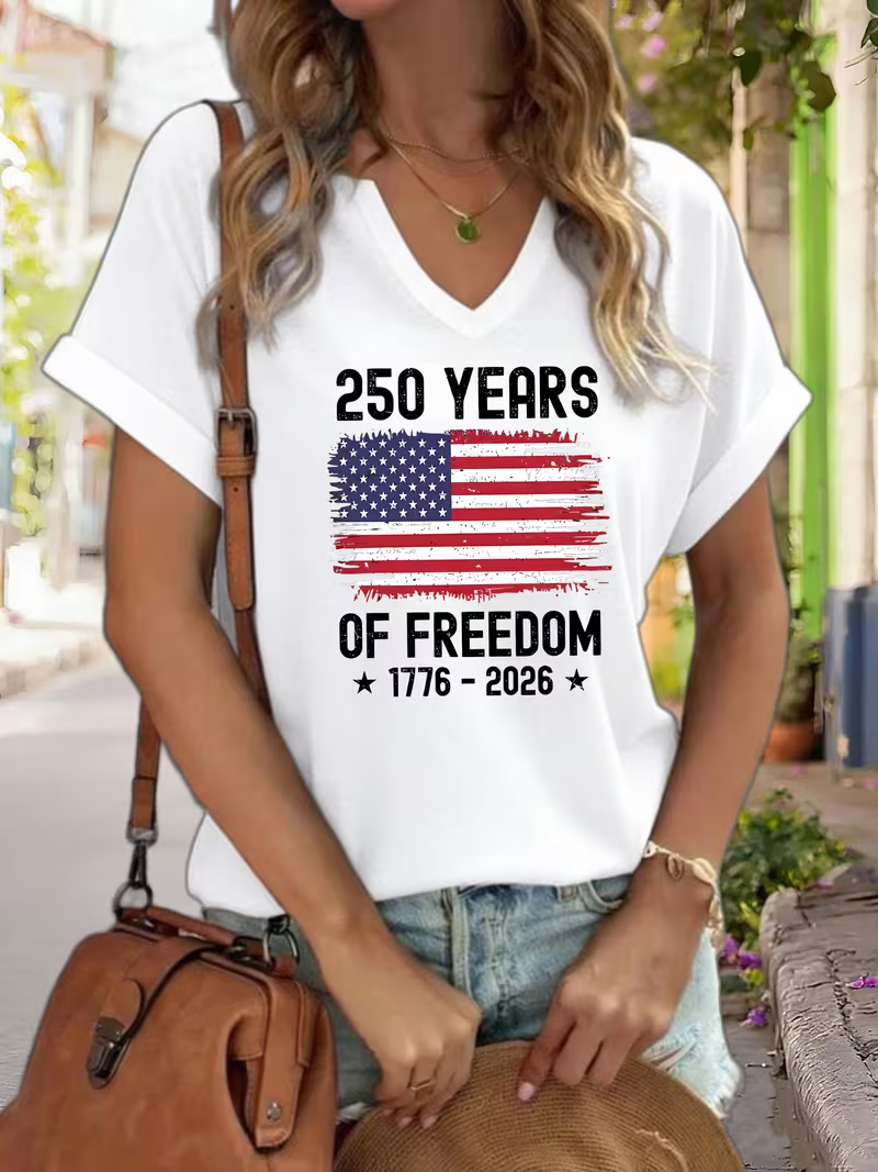 Women's USA 250th Anniversary Art Print Casual T-Shirt D